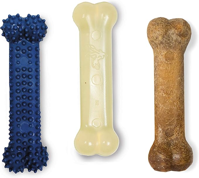 Nylabone Flexi Chew Moderate Dog Chew Toy Bones & Healthy Edibles Chew Treat Triple Pack, Chicken & Bacon, X-Small/Petite (3 Count)