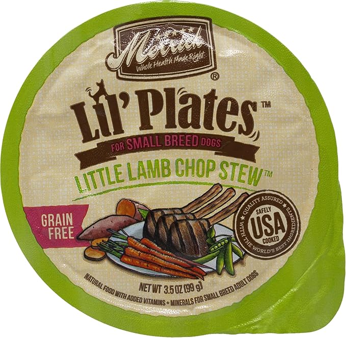 Merrick Lil' Plates Grain Free Small Breed Dog Food 4 Flavor 8 Can Variety (2) each: Texas Steak, Dainty Duck, Beef Stew, Lamb Chop Stew (3.5 Ounces) - Plus Squeak Toy and Fun Facts Booklet Bundle
