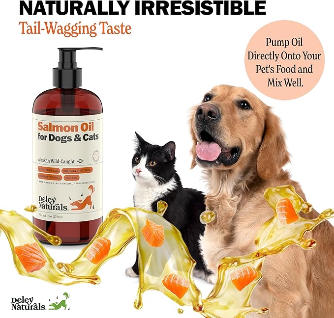 Deley Naturals Premium Alaskan Wild Caught Salmon Oil for Dogs and Cats - Omega-3 Rich Fish Oil Supplement for Healthy Skin, Coat, and Joints - All-Natural, Sustainably Sourced - 16 Oz