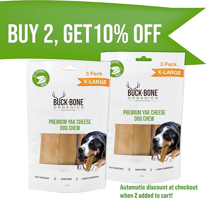 Buck Bone Organics Yak Cheese Chews for Dogs, All Natural Himalayan Yak Chew, Long Lasting Pet Treats, Odor Free, with Limited Ingredients (3 Ex Large Sticks)