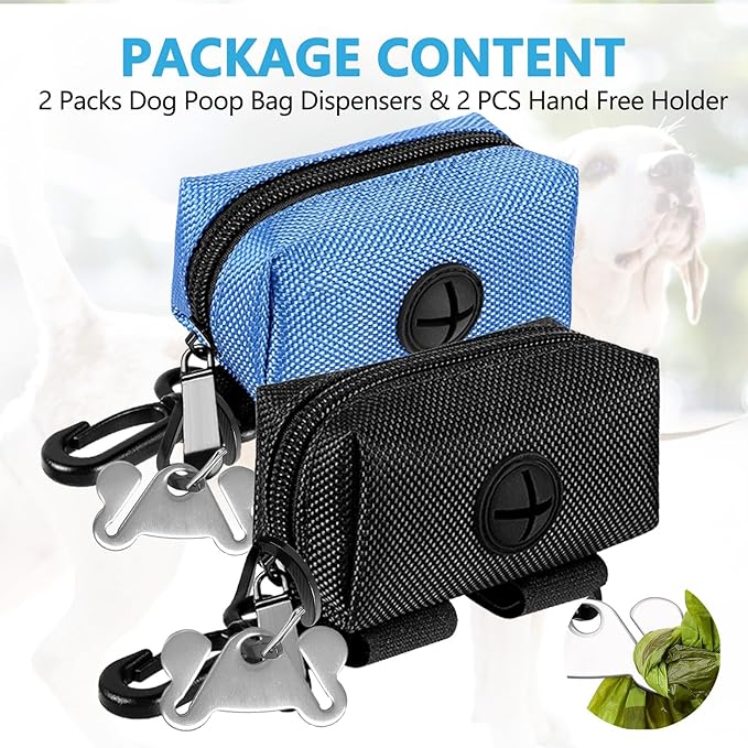 2Packs Dog Poop Bag Holder for Leash Attachment Dog Poop Bag Dispenser Dog Waste Bag Dispensers for Leash Accessory Dog Poop Bag Holders Dispensers & Hand Free Holder Metal Carriers, Black & Blue