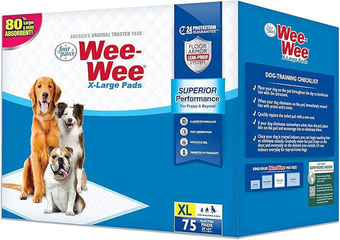 Four Paws Wee-Wee Superior Performance XL Pee Pads for Extra Large Dogs, Leak-Proof Floor Protection Dog & Puppy Quilted Potty Training Pads, Unscented, 28" x 34" (75 Count)