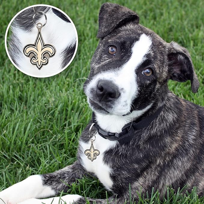 NFL New Orleans Saints Engraving Pet ID Tags in 32 Team Logo Shapes Personalized Dog Tags and Cat Tags with 3 Lines of Customizable Text for Tracking & Safety. Stainless Steel Pet ID Tracking Tags