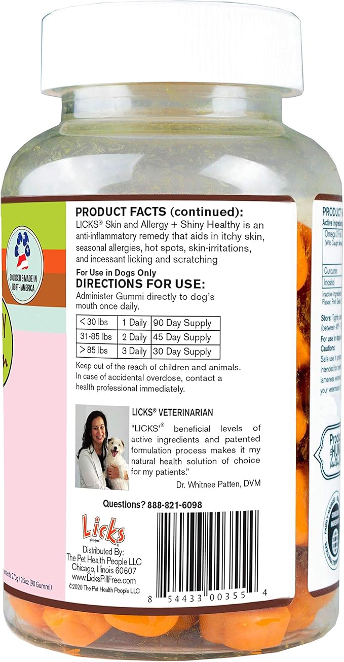 Licks Pill-Free Dog Skin and Allergy Gummies - Omega 3 Dog Allergy Relief - Dog Vitamins & Supplements for Itch Relief - Turmeric Supplement for Dog Skin - Dog Vitamin Gummies - 90 Gummies