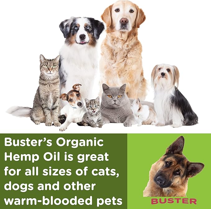 Buster's Organic Hemp Oil Large 60 Milliliters 2-Pack for Dogs & Cats - Max Potency - Made in USA - Omega Rich 3, 6 & 9 - Hip & Joint Health, Natural Relief, Calming (60,000MG)