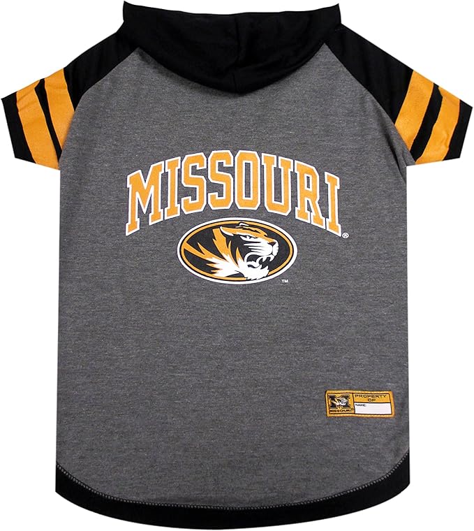 NCAA MISSOURI TIGERS HOODIE for DOGS & CATS, SMALL COLLEGIATE Licensed DOG HOODY Tee Shirt. Sports HOODY T-Shirt for Pets. COLLEGE Sporty Dog Hoodie Shirt.