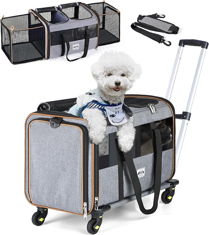 Lekereise Cat Dog Carrier with Wheels for 2 Cats, Expandable Double Cat Carrier with Wheels, Large Rolling Pet Carrier for 1 Large Cat/Dog or 2 Medium Cats, Wheeled Pet Carrier with Telescopic Handle
