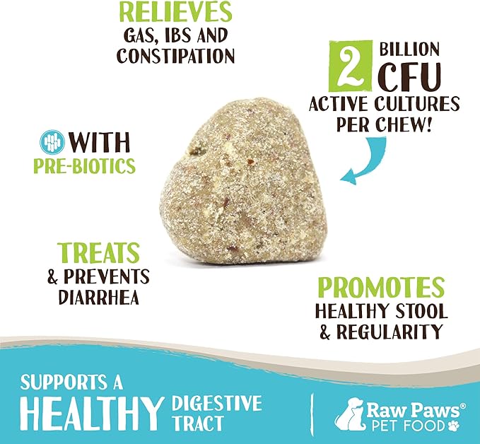 Raw Paws Natural Dog Probiotic Supplement with Prebiotics, 10-oz/100-ct - USA Made Daily Probiotic for Dogs Soft Chew - Treat Diarrhea in Dogs, Yeast, Dog Breath & Gas with our Canine Probiotic Chews