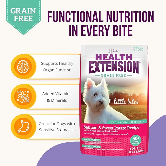 Health Extension Grain Free Little Bites for Dogs, Natural Food with Added Vitamins & Minerals, Perfect for Teacup, Toy & Small Dogs, Salmon & Sweet Potato Little Bites Recipe (3.5lb Bag)