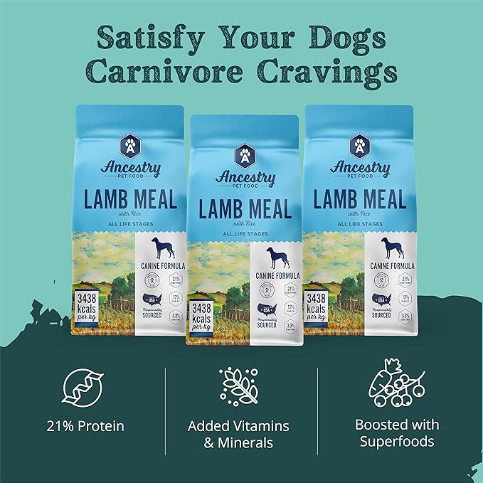 Ancestry Dog Food, Lamb Meal & Brown Rice Formula, Crude Protein, Fiber & Fat, For All Life Stages, Wholesome Grains Dry Dog Food, Support Skin & Coat, Improve Gut Health, Immune Support (12 lb. Bag)