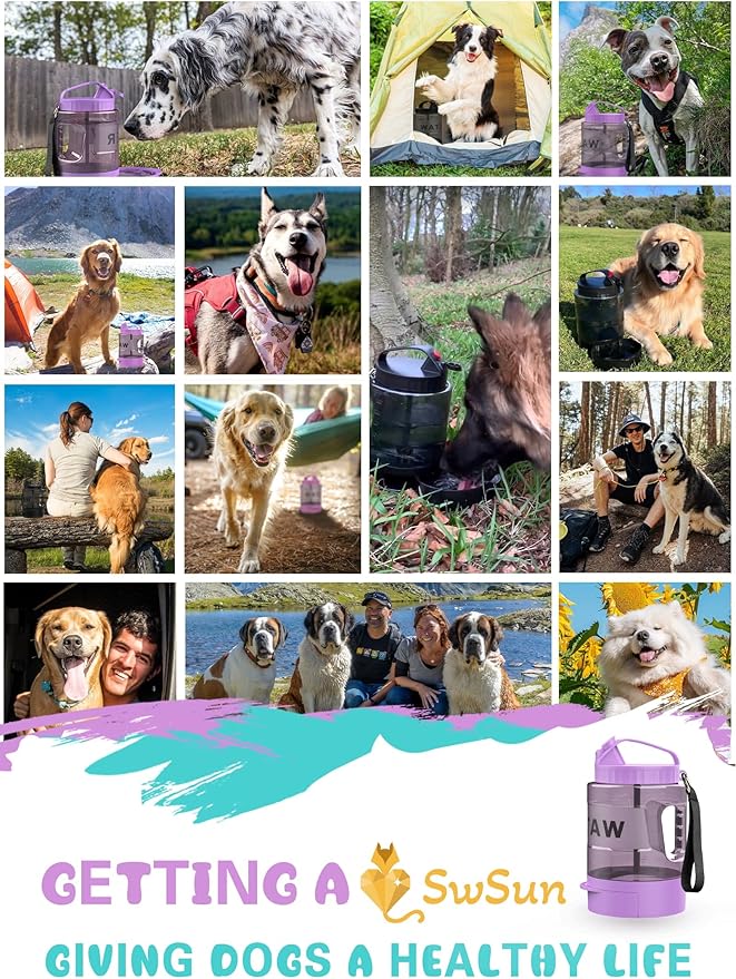 77oz Dog Travel Water Bottle with Pull-out Drinking Bowl, Portable Dog Water Bowl Dispenser Suitable for Large, Medium, and Small Dogs When Going Out for Camping, Travel, Dog Park Play, Purple