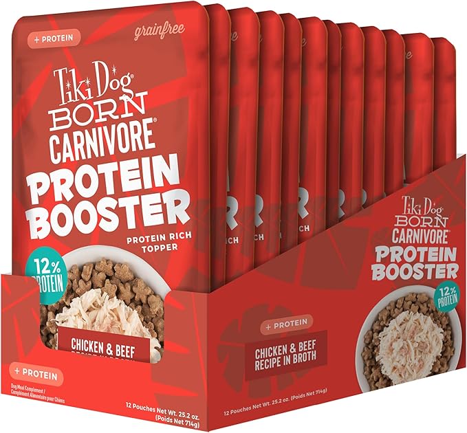 Tiki Dog Born Carnivore Protein Booster Dog Food Topper, Chicken and Beef Recipe in Broth, 2.1 oz. Pouch (12 Count)