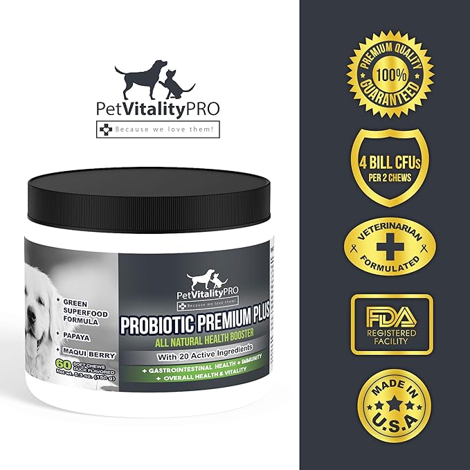 Probiotics for Dogs with Natural Digestive Enzymes ● 4 Bill CFUs/2 Soft Chews ● Dog Diarrhea Upset Stomach Yeast Gas Bad Breath Immunity Allergies Skin Itching Hot Spots ● 60 Count