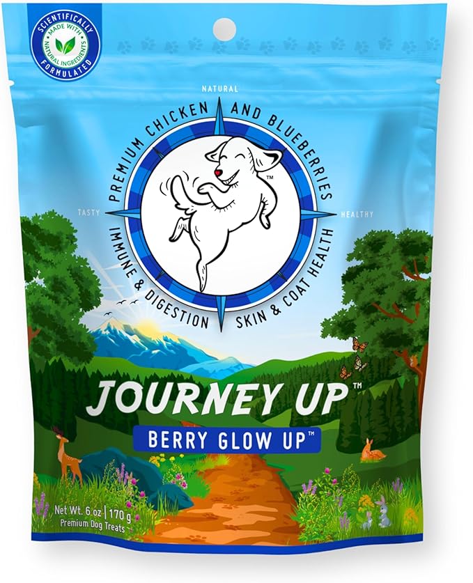 Journey Up Berry Glow Up, Chicken and Blueberry Dog Jerky Treats Made in USA with Prebiotics for Gut & Immune, Omega 3s & 6s for Skin & Coat, Antioxidants for Healthy Aging, Small-Large Dog, 6 oz.