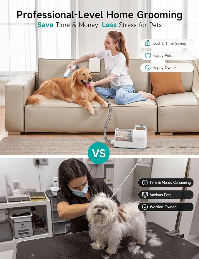 Hicozy S1+ Dog Grooming Vacuum, Minimum 45dB Pet Friendly Cozy Mode™, 12Kpa/120V AC Dog Hair Vacuum with 2L Dust Cup, 6 Professional Grooming Tools Pet Vacuum Grooming Kit, Blue