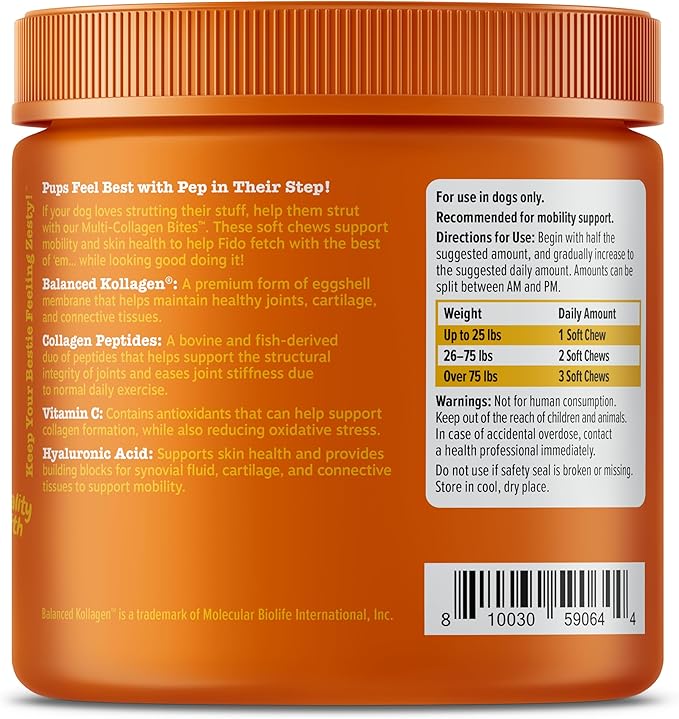 Zesty Paws Multi Collagen Soft Chews for Dogs - for Hip, Joint & Cartilage Support + Skin Health - with Collagen - Plus Eggshell Membrane, Vitamin C & Hyaluronic Acid - 90 Count