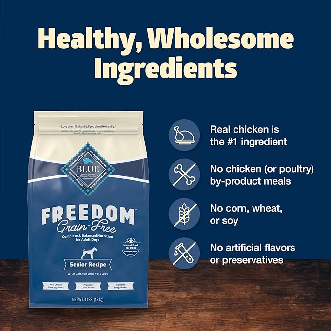Blue Buffalo Freedom Grain-Free Senior Dry Dog Food, Provides Energy To Stay Active, Made in the USA With Natural Ingredients, Chicken & Potatoes, 4-lb. Bag
