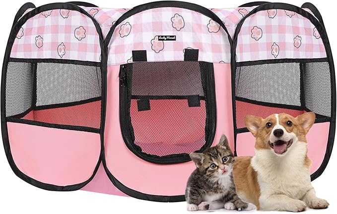 Foldable Dog Playpen Cat Puppy Playpen Indoor Pop Up Pet Animal Playpen Outdoor Kennel Cage Pen Tent for Small Medium Dog Puppy Cat Kitten Rabbit - Small, Pink