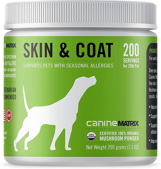 Canine Organic Mushroom Powder Skin and Coat Supplement, 200 Grams (Packaging May Vary)