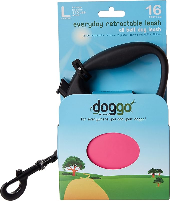 doggo Everyday Retractable Dog Leash, 16' Long Belt, Large for Dogs Up to 110 lbs, Pink with Black Soft Grip Handle
