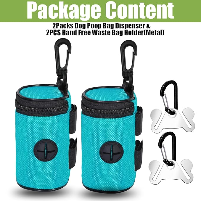 2 Pack Dog Poop Bag Holder for Leash Attachment - Waste Bag Dispenser for Leash - Fits Any Dog Leash - Portable Set with Hand Free Holder Metal Carrier, Round Style, Green