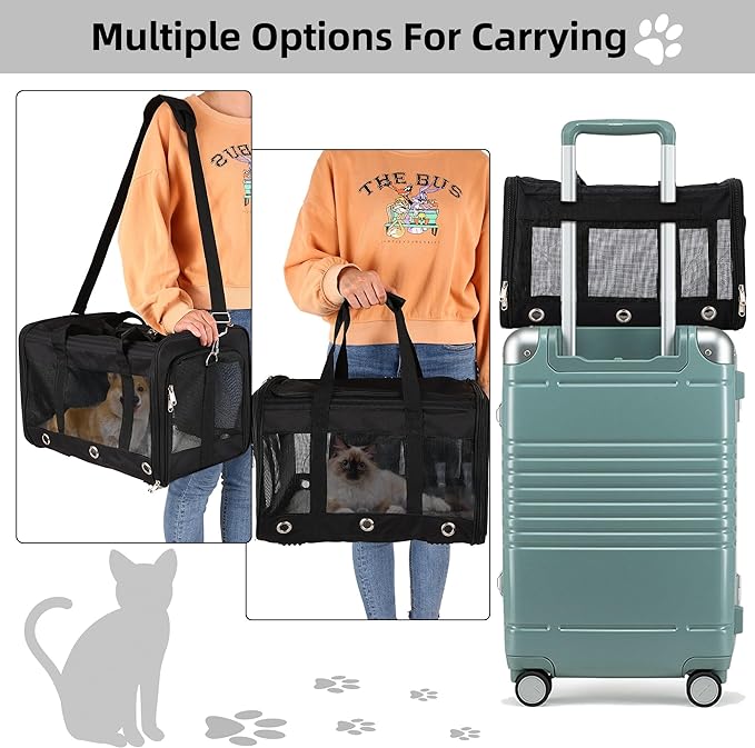 Soft Sided Cat/Dog Carrier,Collapsible Pets Travel Carriers for Pet/Puppy with Shoulder Strap & Removable Mat,Mesh Top Load Small Dogs/Cats Carry Bag Up to 25 Lbs(Black,L)