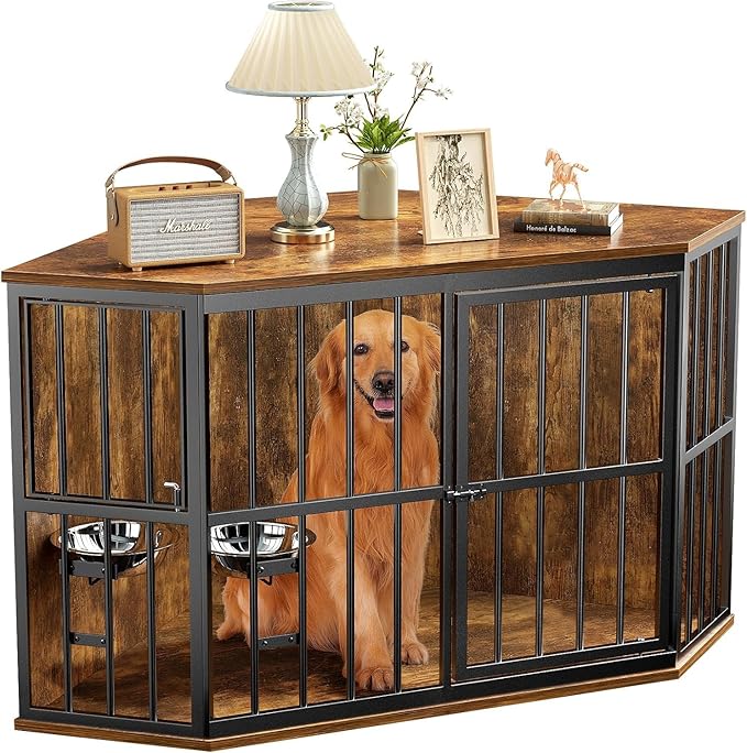 ROOMTEC 53 inch Furniture Dog Crate Corner, Dog Kennel Corner Wooden End Table with Bowl, Indoor Pet Crates Corner Side Table for Dogs, Wide Top Perfect for Limited Room