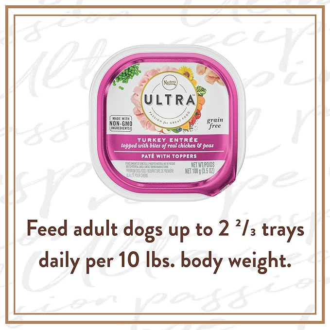 NUTRO ULTRA Grain Free Adult Soft Wet Dog Food Paté With Toppers Turkey Entrée topped with bites of real chicken & peas, 3.5 oz. Trays, Pack of 24