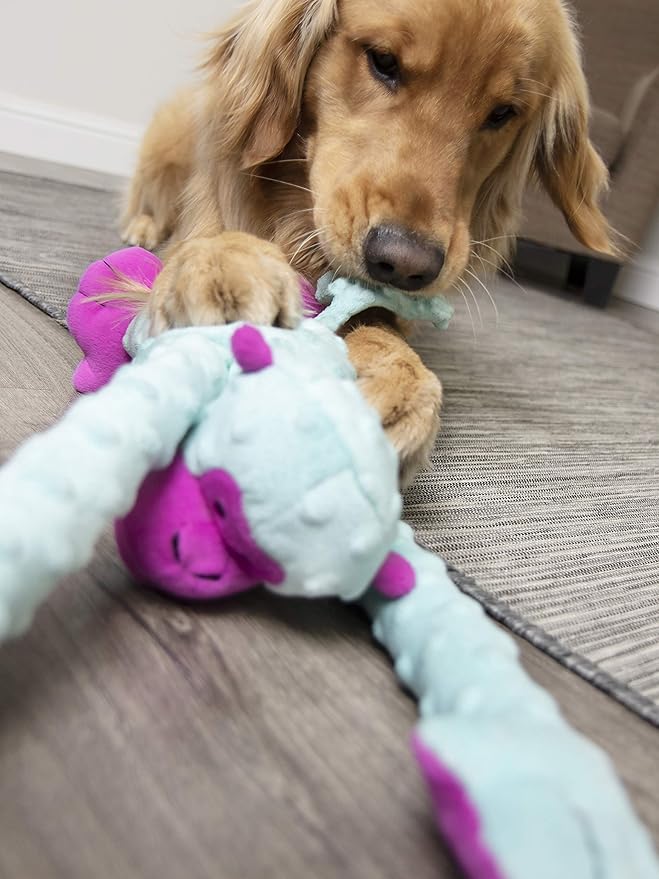 goDog Crazy Tugs Monkey Squeaky Plush Tug Dog Toy, Chew Guard Technology - Turquoise, Large
