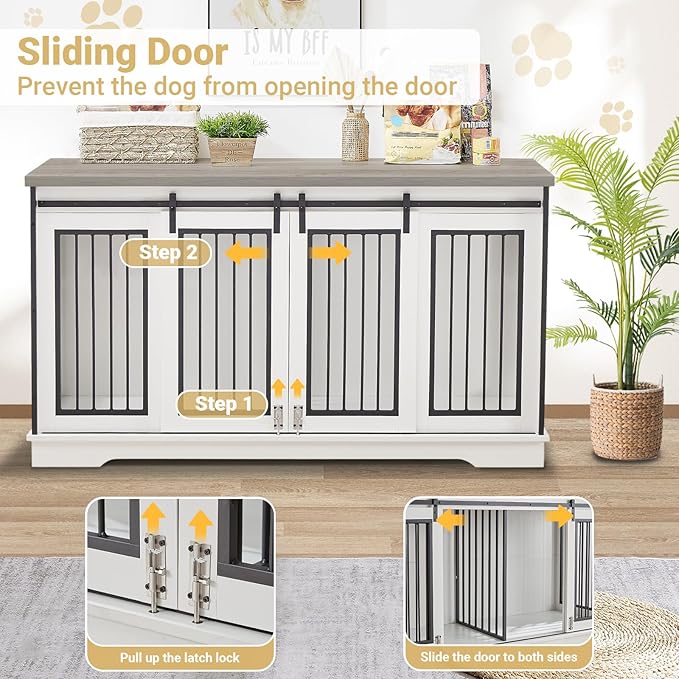 61'' Double Dog Crate Furniture for 2 Dogs, Large Double Dog Kennel Furniture TV Stand, Heavy Duty Dog Crate, Furniture Style Dog Crate End Table, Wood Crates for Dogs Kennel Indoor