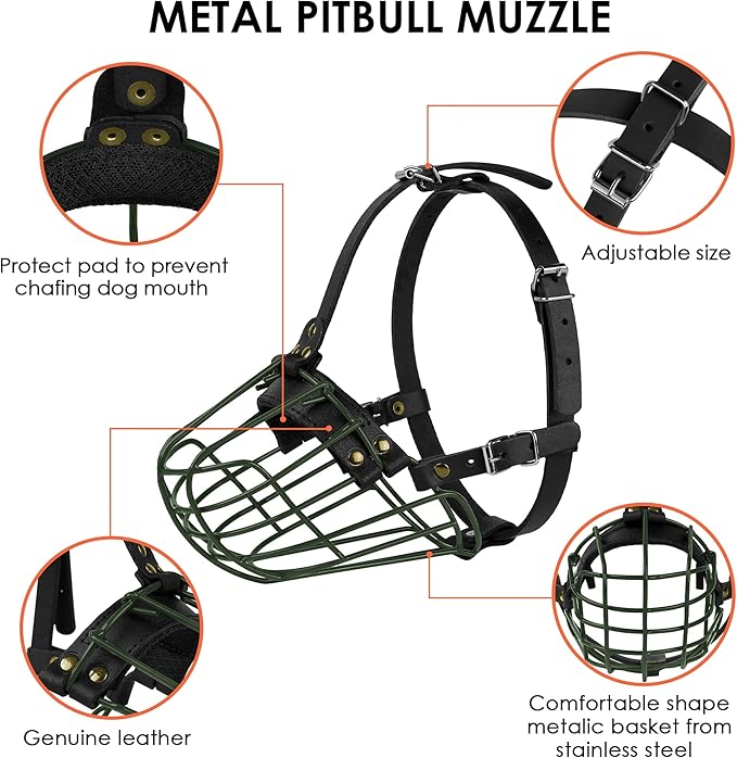 Pitbull Dog Muzzle Metal Mask Amstaff Secure Wire Basket Adjustable Durable Leather Straps for Large Dogs (Green)