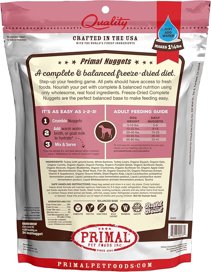 Primal Freeze Dried Dog Food Nuggets, Turkey & Sardine; Complete & Balanced Meal; Also Use as Topper or Treat; Premium, Healthy, Grain Free, High Protein Raw Dog Food, 5.5 oz