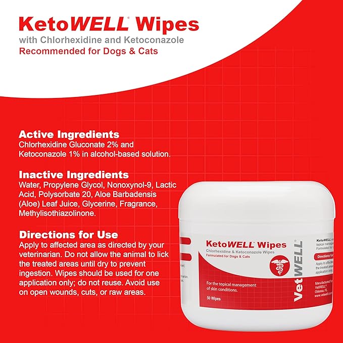 KetoWELL Topical Wipes with Ketoconazole for Dogs & Cats Medicated Pet Wipes - 50 Count