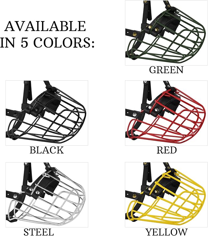 Pitbull Dog Muzzle Metal Mask Amstaff Secure Wire Basket Adjustable Durable Leather Straps for Large Dogs (Red)