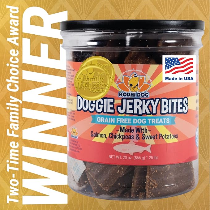 Premium Healthy Dog Jerky Treats | Grain Free Salmon Dog Treat Bites | Natural Snack Made with Salmon, Chickpeas & Sweet Potatoes | No Corn, Wheat or Soy