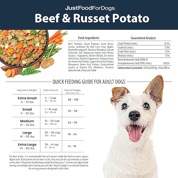 JustFoodForDogs Frozen Fresh Dog Food, Complete Meal or Dog Food Topper, Beef & Russet Potato Human Grade Dog Food Recipe, 18 oz (Pack of 21)