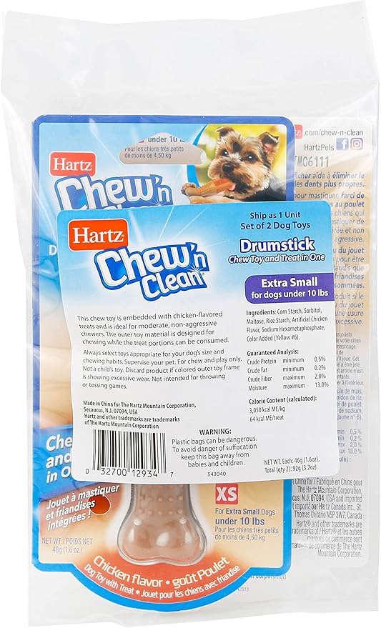 Hartz Chew ‘n Clean Chicken Flavored Drumstick Dog Treat & Chew Toy, Extra Small, 2 Pack
