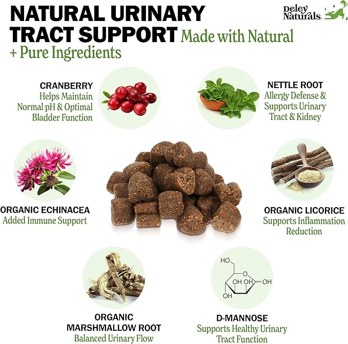 Deley Naturals Dog UTI Prevention - 120 Grain Free Soft Chews - Incontinence, Bladder, Kidney & Immune System Support - Cranberry Pills - D-Mannose & Echinacea - Made in USA - Natural Chicken Flavor