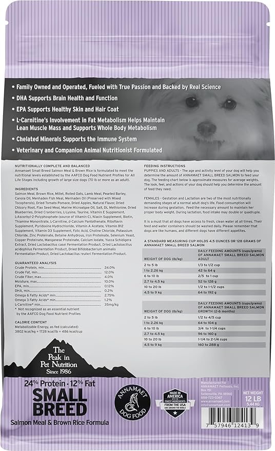 Annamaet Original Small Breed Salmon Formula Dry Dog Food, (Salmon & Brown Rice), 12-lb Bag