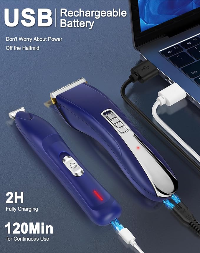 2 in 1 Dog Grooming Kit, Low Noise Dog Clippers for Thick Heavy Coats, Professional Cordless Dog Paw Trimmer with LED Light, USB Rechargeable Pet Hair Shaver for Small & Large Dogs Cats Pets