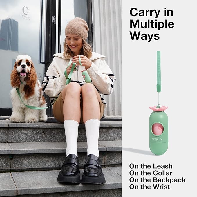 VETRESKA Dog Poop Bags with Dispenser, Lavender Scented, Guranteed Leak Proof and Extra Thick Pet Waste Bags for Walking Dog and Cats Litter, 1 Count Bag Holder and 105 Count Bags (7 Refill Rolls)Pink