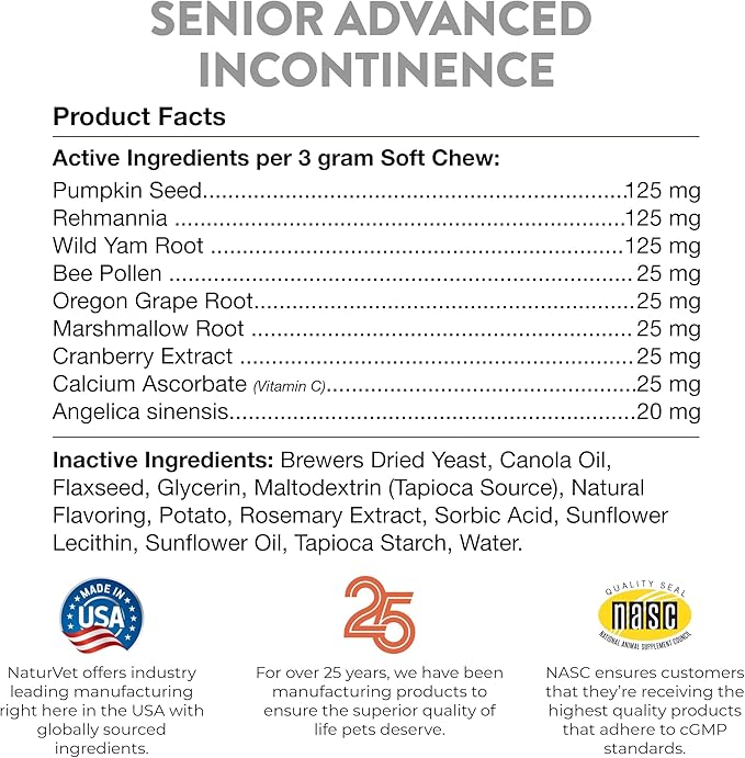 NaturVet Senior Advanced Incontinence Dog Supplement – Helps Support Dog’s Bladder Control, Normal Urination – Includes Synergistic Blend of Botanicals – 60 Ct. Soft Chews