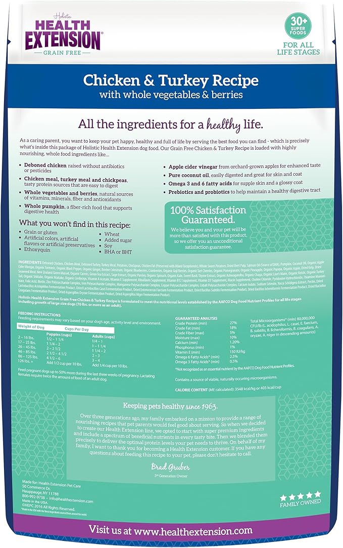 Health Extension Grain Free Formula, Dog Food, Chicken and Turkey with Whole Vegetables and Berries, 10-Pound