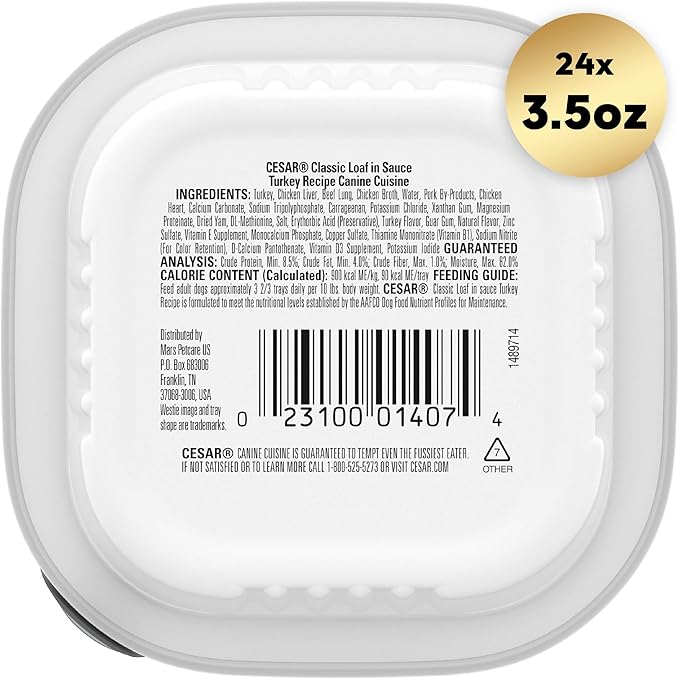 CESAR Adult Wet Dog Food Classic Loaf in Sauce Turkey Recipe, 3.5 oz. Easy Peel Trays, Pack of 24