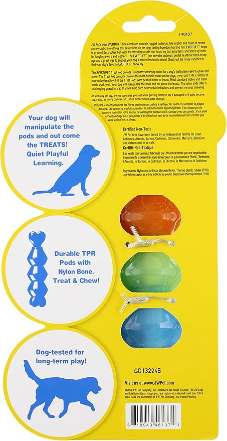 JW Pet EverTuff Treat Pod Nylon Dog Toy, Small, White Bone with Colored Pods of Orange, Green, Blue