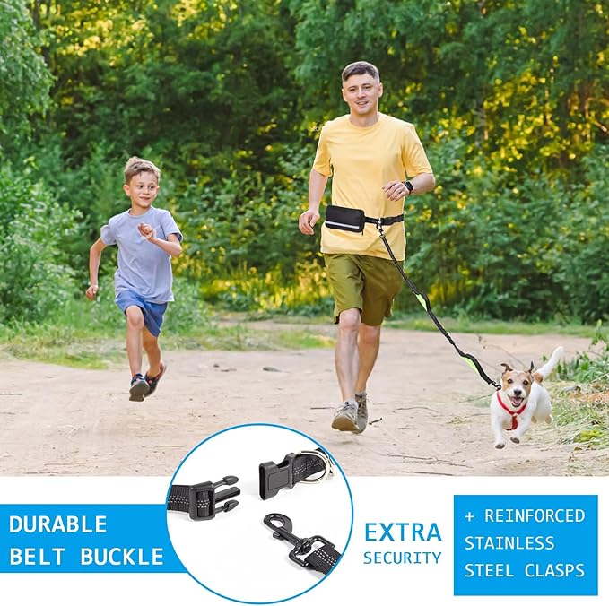 Hands Free Dog Leash with Zipper Pouch, Dual Padded Handles and Durable Bungee for Walking, Jogging and Running Your Dog, Waist Belt Dog Leash, Reflective Running Traction (Blue)