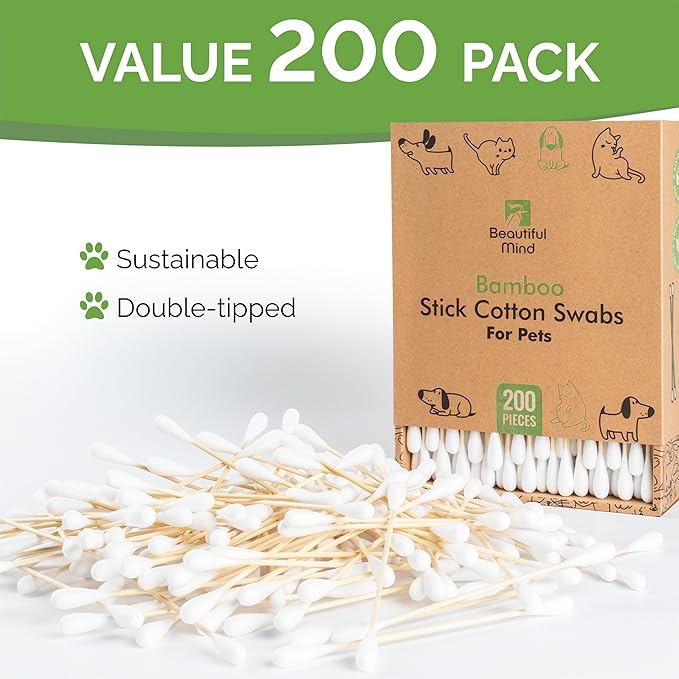 Cotton Swabs for PETS - Long 6'' Bamboo Sticks & Medium Large 0.35" Cotton Tips - Biodegradable, Eco-Friendly & Double Tipped - Pack of 200 (Drawer Box)