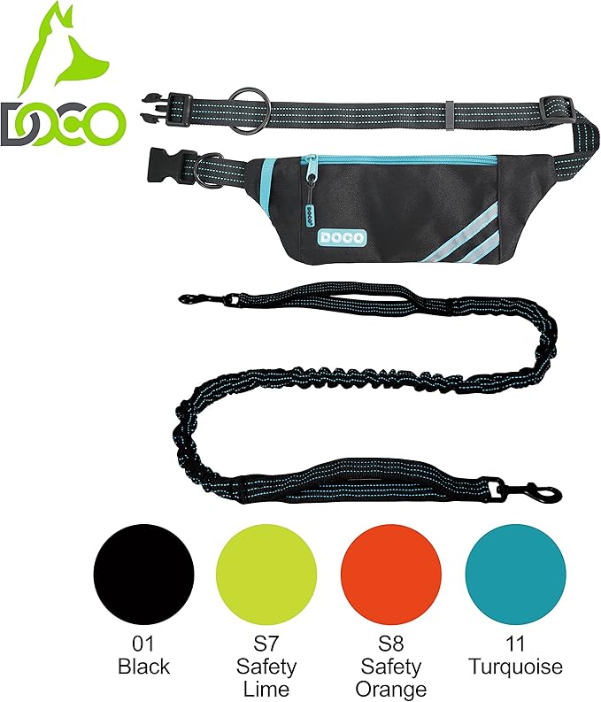 DOCO Lite Dog Jogging Belt with Zipper Pouch, Bungee Leash for Walking, Hiking, Jogging with Dog, Made for 10-100 lb. Dogs (Black)