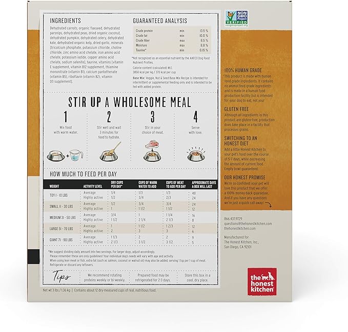 The Honest Kitchen Human Grade Dehydrated Grain Free Veggie, Nut & Seed Base Mix for Dogs 3 lb - Kindly