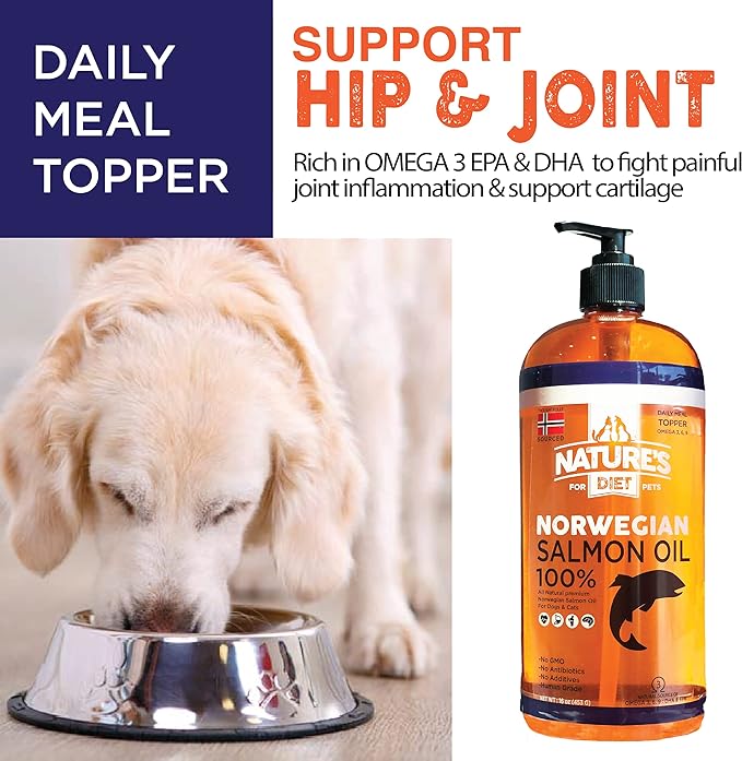 Nature's Diet Pet 32 oz Norwegian Salmon Oil Dogs & Cats - Natural Support for Joint Function Immune Heart Health Appetite Skin & Coat Omega 3 6 9 Liquid Food Topper EPA DHA Fatty Acids